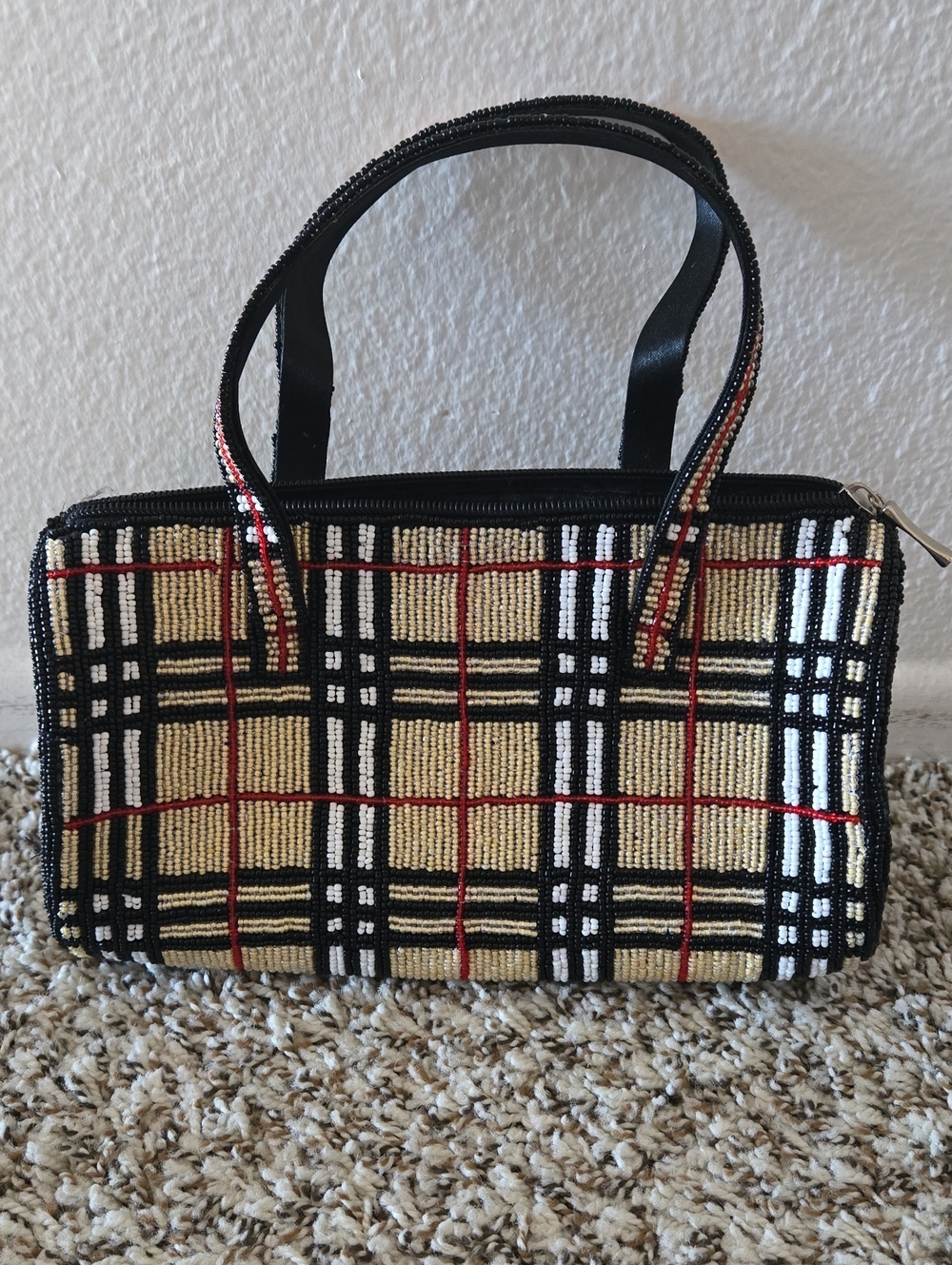 Vintage All Beaded Plaid Pattern Round Evening Bag